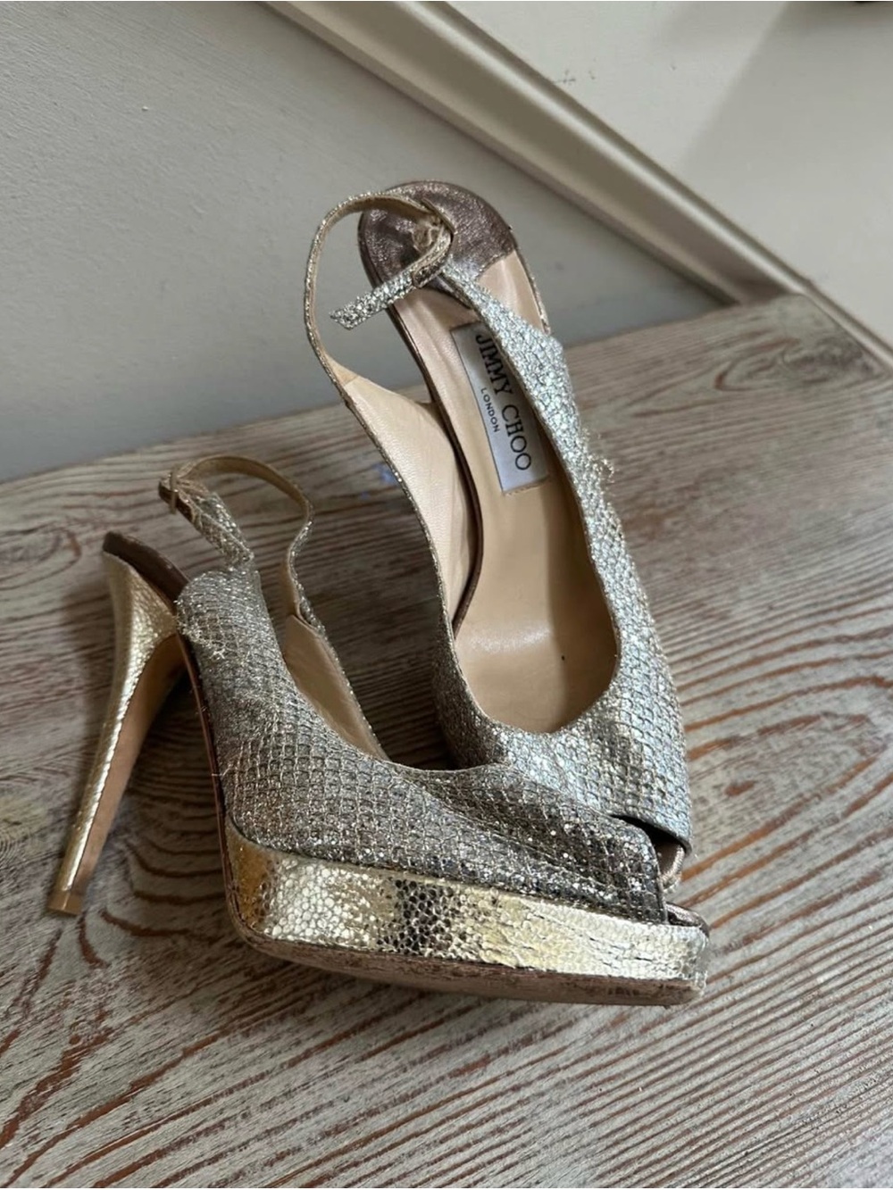 Jimmy Choo Gold Textured Peep-Toe Slingback Heels